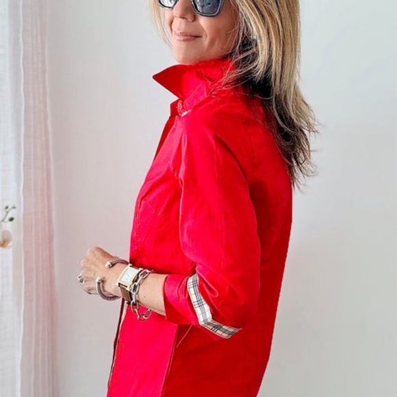 NWT, Red Button Down Blouse featuring custom trim, size L - Picture 3 of 4